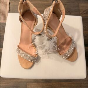 Elegant Feather & Crystal Sandals in Tan for Women